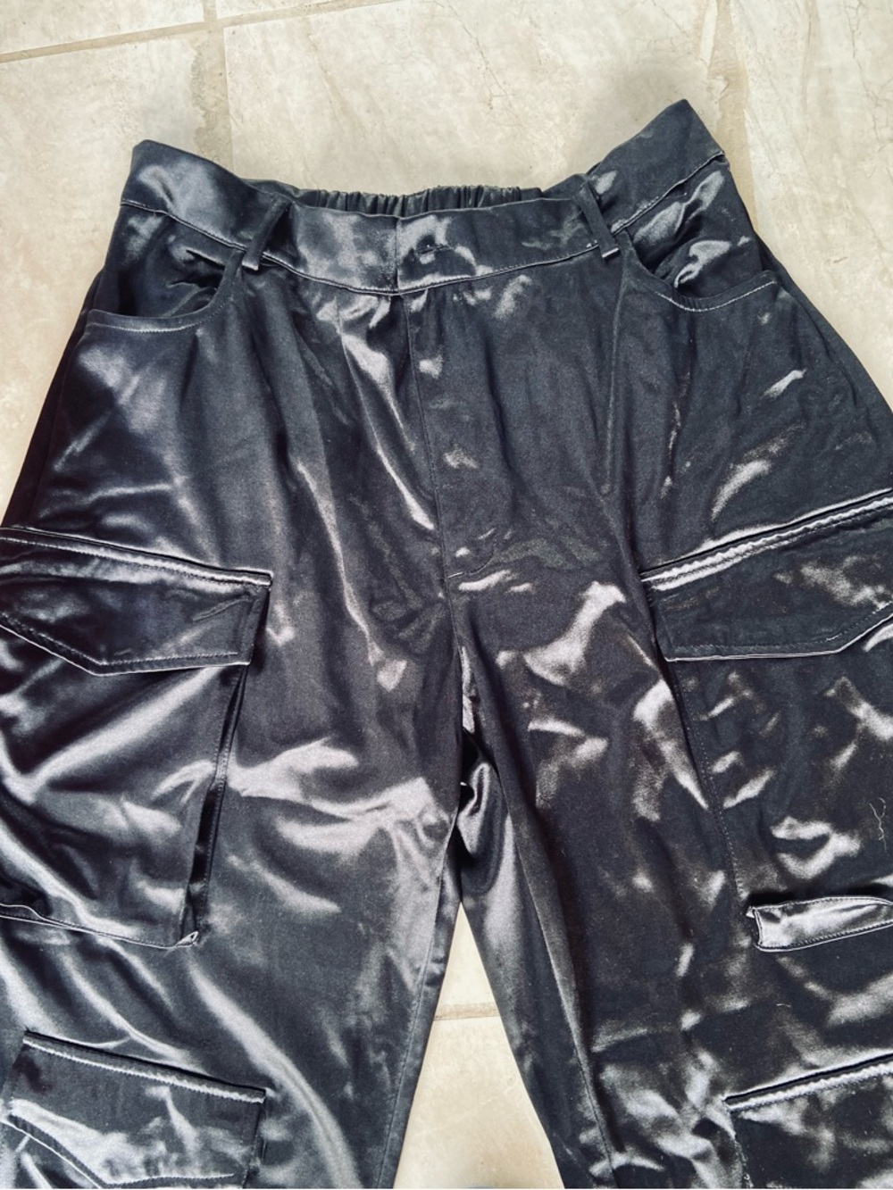 Satin Wide-Leg Cargo Pants in Black - Picture 5 of 6